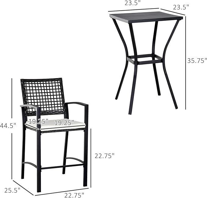 Outsunny 3pcs Patio Bar Set with Soft Cushion, Rattan Wicker Outdoor Furniture Set for Backyards, Lawn, Deck, Poolside