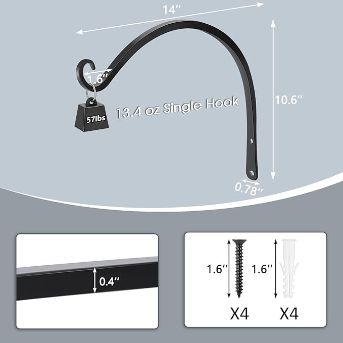 Gtongoko 2 Pack 14 Inch Plant Hangers Outdoor Metal, Plant Hooks for Wall Indoor, Outdoor Hooks for Hanging Bird Feeders, Plant Bracket, Lanterns, Wind Chinme, Black