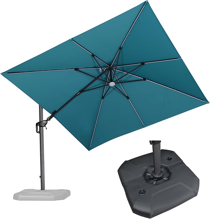 PURPLE LEAF 10 Feet Patio Umbrella with Base Outdoor Solar Powered LED Swivel Square Umbrella Offset Umbrella with 360-degree Rotation for Garden Deck Pool Patio, Turquoise Blue