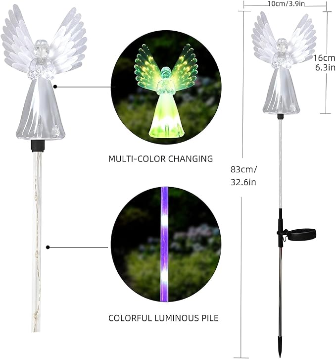 Angel Solar Lights for Cemetery, 2 Pack Solar Lights Outdoor Garden, Color Changing Decorative Angel Lights for Yard Patio Pathway Grave Decoration Memorial Gifts