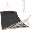 Lazy Daze Hammocks 12 FT Double Quilted Fabric Hammock with Spreader Bar and Detachable Pillow, 2 Person Double for Outside Patio Poolside Backyard Beach, 450lbs Capacity, Gray