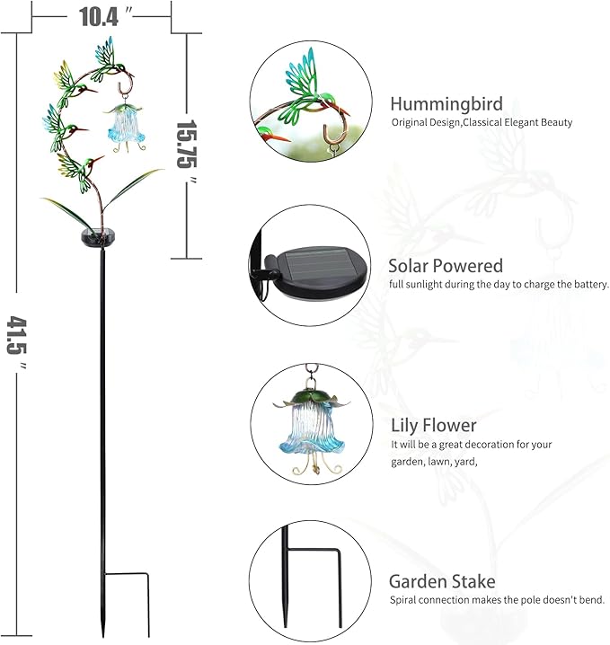 Bshine Solar Hummingbird Lights Outdoor Garden Decoration, Metal Stake Waterproof Hanging Flower Solar Lights, Yard Decoration Outdoor Terrace, Path and Art Lawn Ornaments