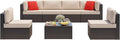 Vongrasig 7 Pieces Patio Furniture Sets, Outdoor Modular Sectional Sofa Patio Conversation Set PE Rattan Wicker Sectional Couch with Cushion, Glass Table for Patio, Garden, Poolside, Beige