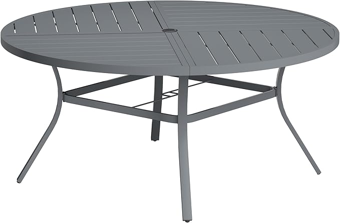 VICLLAX Round Patio Table with Adjustable Umbrella Hole for 8, All Weather Metal Outdoor Dining Table for Lawn Garden, 59.8" Outdoor Coffee Table, Grey Tabletop