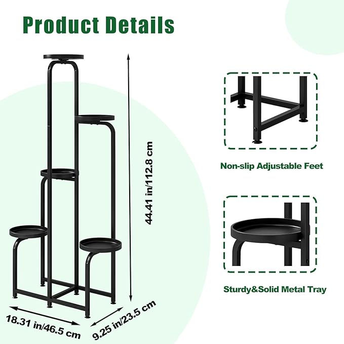Plant Stand Indoor Outdoor 5 Tier Metal Plant Shelf for Multiple Plants Corner Flower Holders for Living Room Balcony Bedroom Patio Garden, Black (Black, 5-Tier)