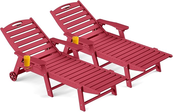 Outdoor Chaise Lounge Chair Set of 2, Patio Lounge Chairs for Outside, HDPE Lounge Chair with Wheels & Cup Holder, Poly Chair with 5 Position for Poolside, Deck, Red