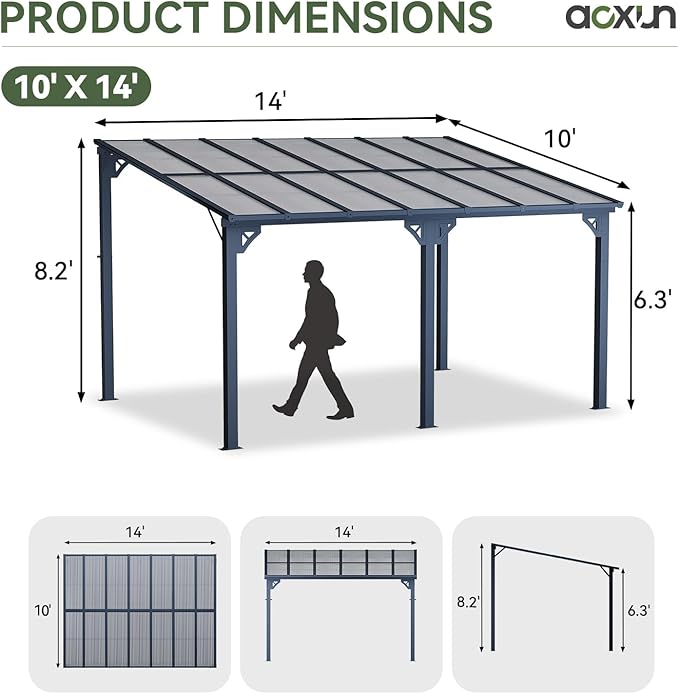 Aoxun 14'x 10' Premium Gazebo with Aluminum Top Frame & Polycarbonate Panel, Wall Mounted Gazebos Pergola, Outdoor Patio Lean to Gazebo, Awnings with Sloped Roof, for Backyard, Porch, Deck