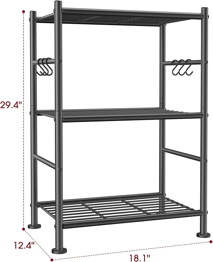 Storage Shelves - 3-Tier Large Capacity Shelf Organizer with Hooks, Heavy-Duty Garage Shelving with Leveling Feet, Wobble-Free Rack for Bedroom, Balcony, Garage, 18.1"×12.4"×29.4", Black