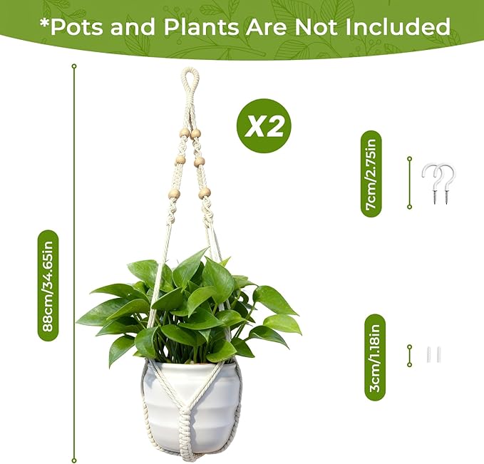 Macrame Plant Hanger, Up to 4-15 inch Pots, Wood Beads Cotton Hanging Planter Holder for Indoor Outdoor Boho Home Decor, 35 Inch, Set of 2 (Ivory)