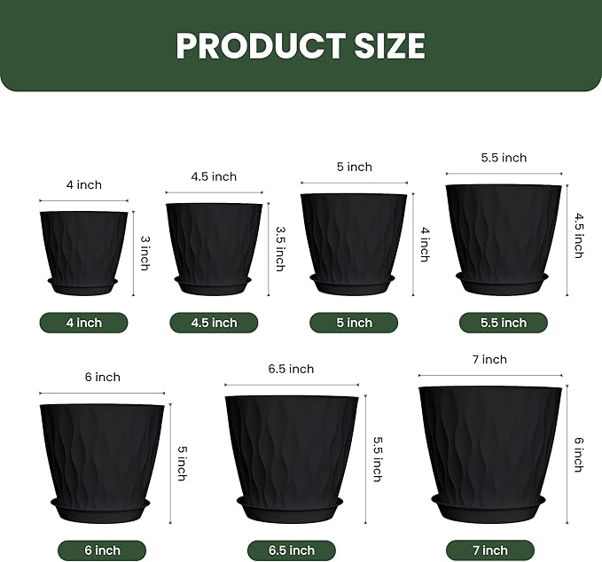 7/6.5/6/5.5/5/4.5/4 inch Plastic Plant Pots, 7 Pack Flower Planter for Indoor Outdoor Plant, Planters with Drainage Holes and Trays (Black)