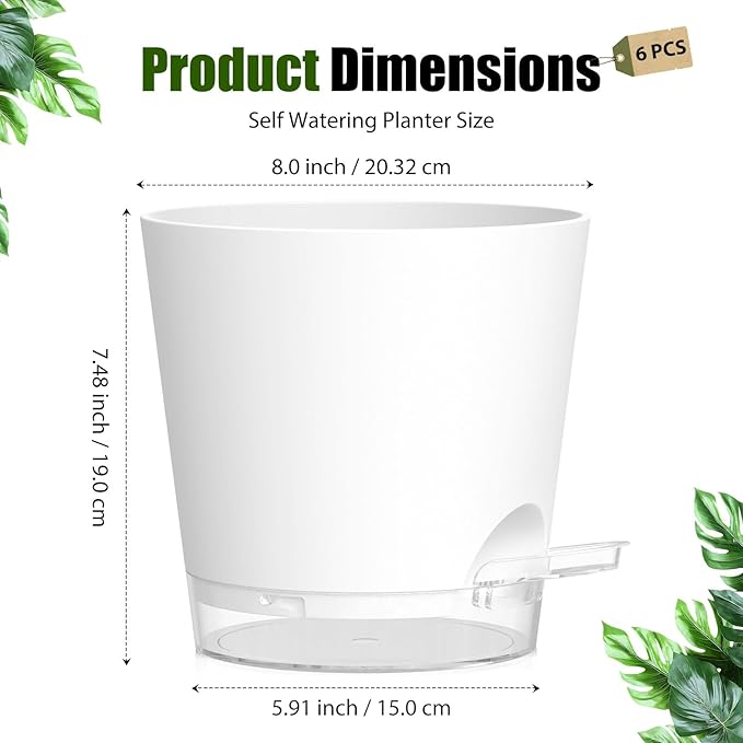 Plant Pots 8 Inch Self Watering Pots, 2 Pack Plastic Planters with Drainage Holes and Clear Saucers,Plastic Flower Pots for Indoor Out Door Plants(White)
