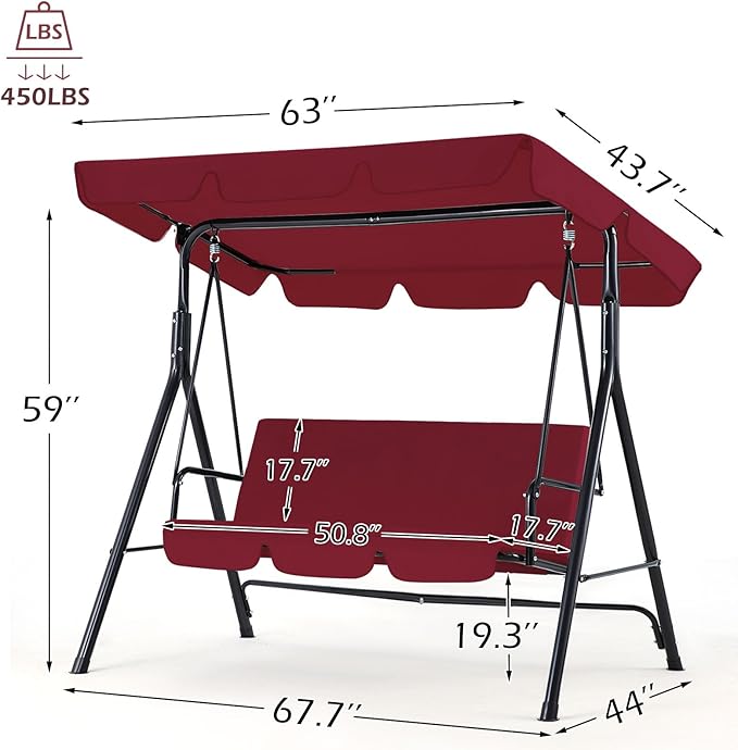 AECOJOY Porch Swing with Stand, 3-Seat Outdoor Clearance Porch Swings for Adults, Outdoor Patio Swing with Adjustable Canopy & Removable Cushion for Backyard, Garden, Yard, Poolside, Balcony (Red)
