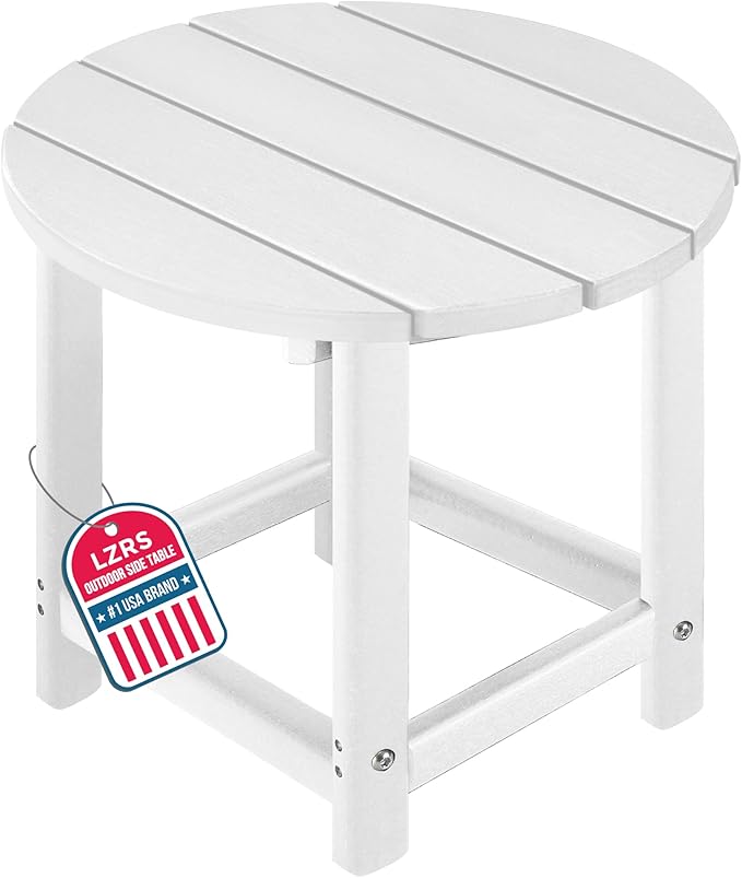 LZRS Round Adirondack Patio Side Table End Table, Outdoor Side Tables for Patio, Backyard,Pool, Indoor Companion, Easy Maintenance & Weather Resistant(White)