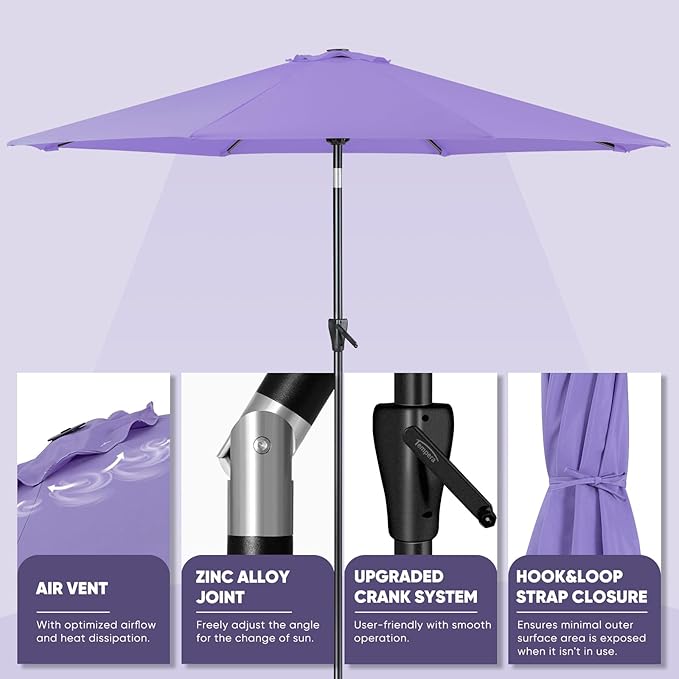Tempera Patio Market Outdoor Table Umbrella with Auto Tilt and Crank, Large Sun Umbrella with Sturdy Pole & Fade Resistant Canopy, Easy to Set