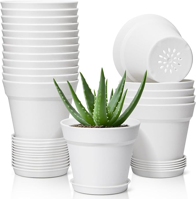 T4U Flower Pots 18-Pack, 5 Inch Plant Pot with Saucer and Drainage Hole, Durable Plastic Flower Pots, Small Pots for Plants, Violet, Succulent and Indoor Plant Decorative (18 Pack 5" Pot, White)