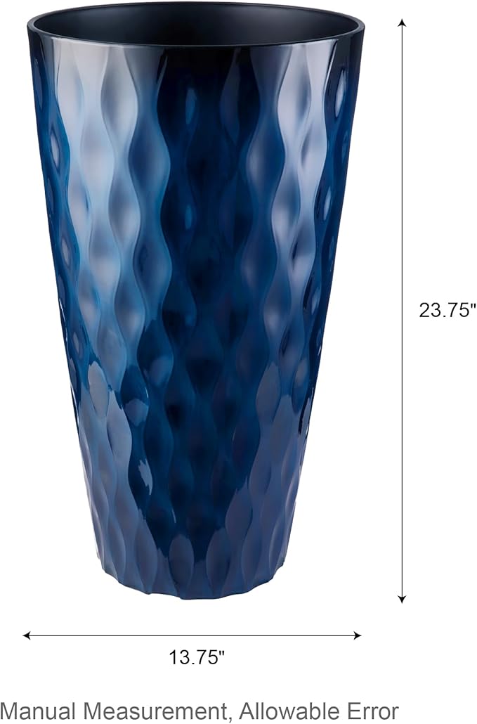 Glitzhome 23.75" H Tall Outdoor Planter, Set of 2 Wavy Texture Cobalt Blue Large Outdoor Planters, with Drainage Hole, Plastic Large Round Decorative Flower Plant Pot for Front Porch, Indoor