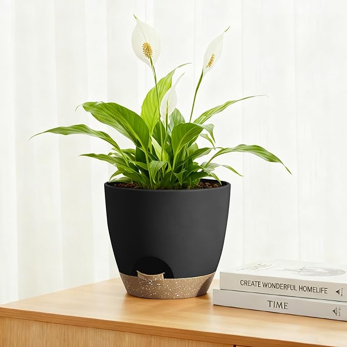 Plant Pots 8/7.5/7/6.5/6 Inch Self Watering Pots,5 Pack Planters with Drainage Holes and Saucers,Plastic Flower Pots,Nursery Planters for Indoor Outdoor Plants (Black)
