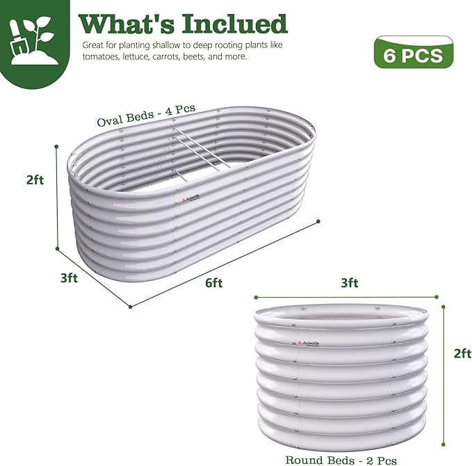 A ANLEOLIFE Set of 6 24 Inch Tall Antique White Raised Garden Beds Kit, Oval & Round Metal Planters – Ideal for Backyard Vegetables Flowers Herbs