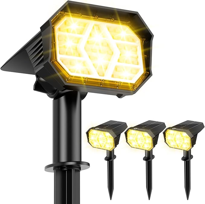 Brightown Solar Lights Outdoor with 58 LED & Auto ON/Off, IP67 Solar Spot Lights Outdoor with 3 Light Intensities. 2-in-1 Outdoor Solar Lights for Yard, Gardens, Flag and Pathways. 4Pcs (Warm White)