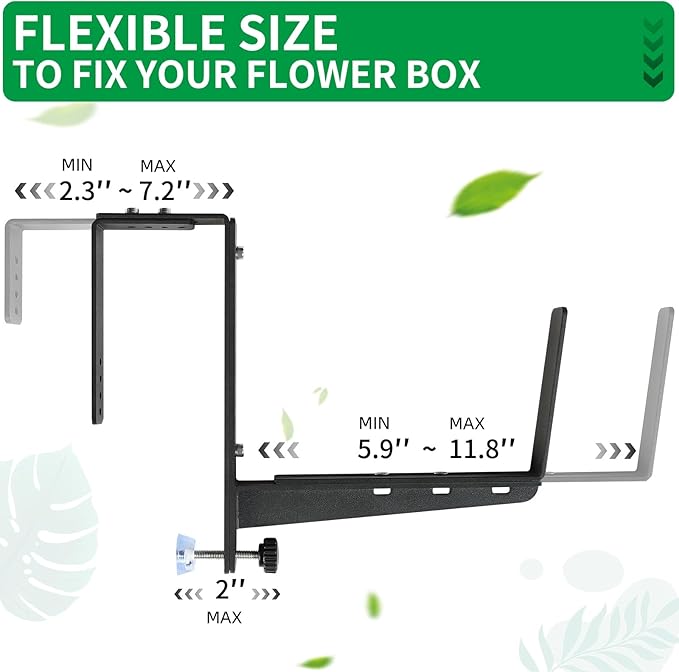 Window Box Brackets, Adjustable Planter Box Brackets, Heavy Duty Iron Flower Box Brackets for Railings, with Enhanced Bottom Support - Perfect for Balconies, Fences, and Gardens (Black, 2 Pack)