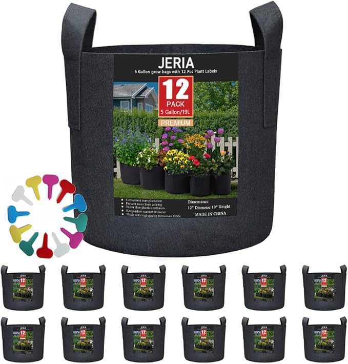 JERIA 12-Pack 5 Gallon Grow Bags, 300G Thickened Nonwoven Garden Pots,Heavy Duty Fabric Pots with Reinforced Handles
