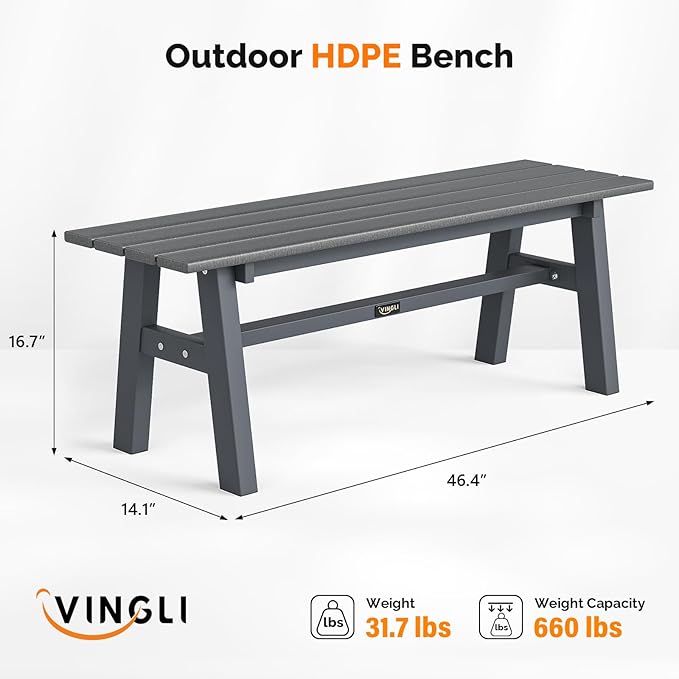 VINGLI 47” Outdoor Bench Garden Bench HDPE Porch Bench w/Metal Legs, Poly Lumber Patio Bench, 660 LBS Capacity Outdoor Backless Bench(Grey)