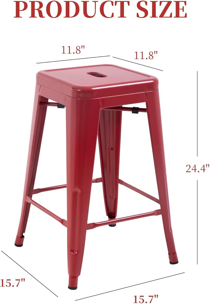 FDW Metal Bar Stools Set of 4 Counter Height Bar Stools 24 Inches Industrial Bar Chairs Patio Stool Stackable Backless Stool Indoor Outdoor Metal Kitchen Stools Bar Chairs (Red, 24")