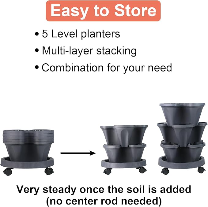 GameXcel Vertical Planter 5 Tier Stackable Planters Garden Planters Strawberry Herb Flower and Vegetable Planter Indoor Outdoor Gardening Pots with Removable Wheels and Tools