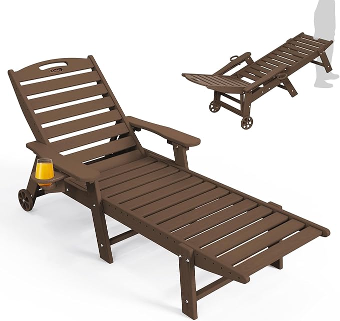 Ciokea Lounge Chair Outdoor, Oversized Chaise Lounge Chair with 5 Positions, HDPE, Patio Lounge Chair with Wheels & Cup Holder for Pool, Deck, Poolside, Dark Brown