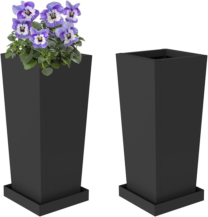 Tall Planters 20" H - 2 Pack, Tapered Pots with Drainage Insert Shelve & Trays, Metal Outdoor Planter Box for Porch, Garden, Patio, Yard (Black)