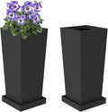 Tall Planters 20" H - 2 Pack, Tapered Pots with Drainage Insert Shelve & Trays, Metal Outdoor Planter Box for Porch, Garden, Patio, Yard (Black)