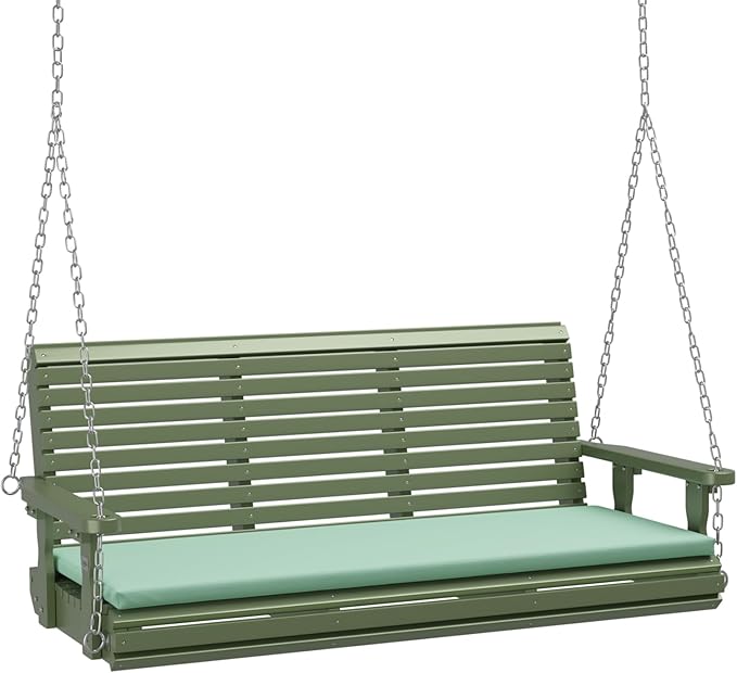 VINGLI Heavy Duty 880 LBS Patio Wooden Porch Swing Outdoor with Extra Cushion, Farmhouse Hanging Bench Tree Swing with Adjustable Chains for Yard | Garden | Lawn | Balcony (5 FT, Green)