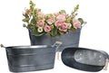 15 Inch Galvanized Planters for Outdoor Plants - 3 Pcs Rustic Large Metal Flower Buckets with Drainage & Plug, Farmhouse Style Oval Containers with Handles, Great for Home Decor, Galvanized Black