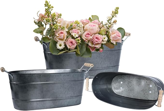 15 Inch Galvanized Planters for Outdoor Plants - 3 Pcs Rustic Large Metal Flower Buckets with Drainage & Plug, Farmhouse Style Oval Containers with Handles, Great for Home Decor, Galvanized Black