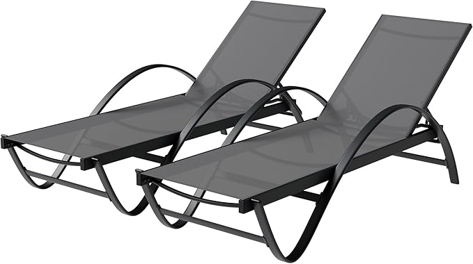 Shintenchi Patio Chaise Lounge Set of 2, Pool Chaise Lounge with Arm,Outdoor Lounge Chair with 5 Adjustable Backrest,Sunbathing Recliner,Beach Chair,Pool Chairs,Dark Grey