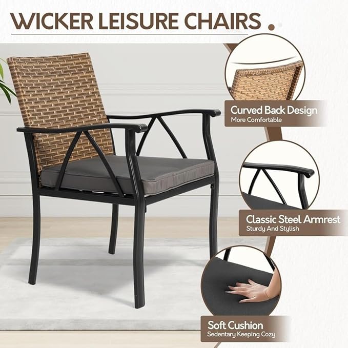 5-Piece Patio Dining Set for 4, Outdoor Dining Set with 4 Wicker Patio Dining Chairs with Cushions & 1 Black Square Woodgrain Dining Table with 1.75" Market Umbrella Hole, Black & Brown
