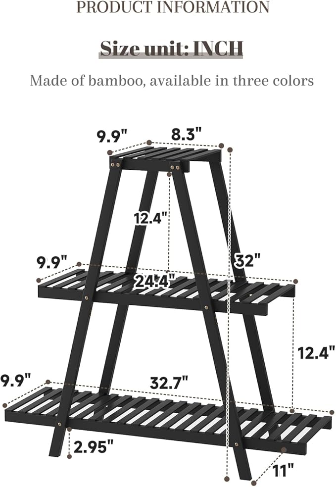 Plant Stand For Indoor Outdoor Tiered Plant Shelf 3 Tier 8 Potted Bamboo Flower Holder Ladder Rack For Multiple Triangle Table Plant Pot Stand (Black)