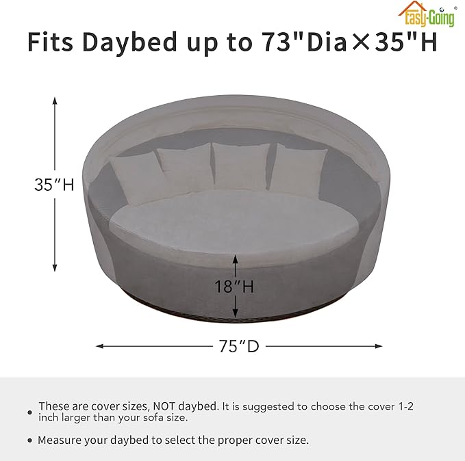 Easy-Going Heavy Duty 600D Outdoor Daybed Cover 75 Inch UV Resistant Patio Round Sofa Cover Waterproof Outdoor Canopy Daybed Sofa Cover with Air Vent 75" Dia x 35"/18" H, Grey