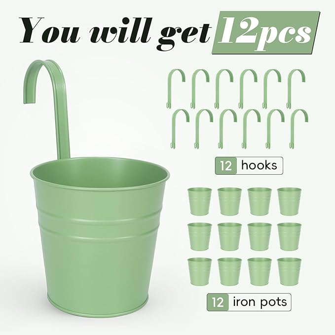 HowRU Hanging Flower Pots, Railing Planter Box for Outdoor Plants 12 Pack 5 Inch Metal Hanging Planters with Detachable Hooks Balcony Window Fence Garden Decoration Flower Boxes (Green)