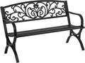 Patio Garden Bench 50 inch Outdoor Metal Loveseat Chairs with Armrests Slatted Seat and w/Floral Design Backrest for Park, Yard, Porch, Lawn, Balcony, Backyard, Black