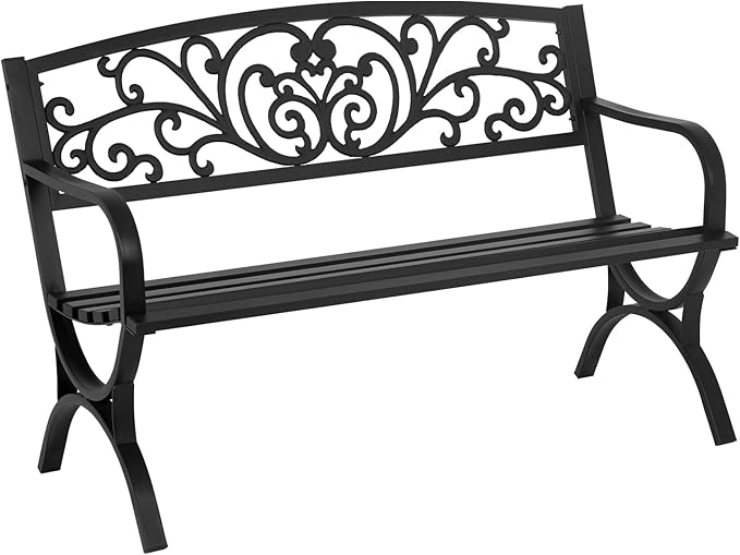 Patio Garden Bench 50 inch Outdoor Metal Loveseat Chairs with Armrests Slatted Seat and w/Floral Design Backrest for Park, Yard, Porch, Lawn, Balcony, Backyard, Black