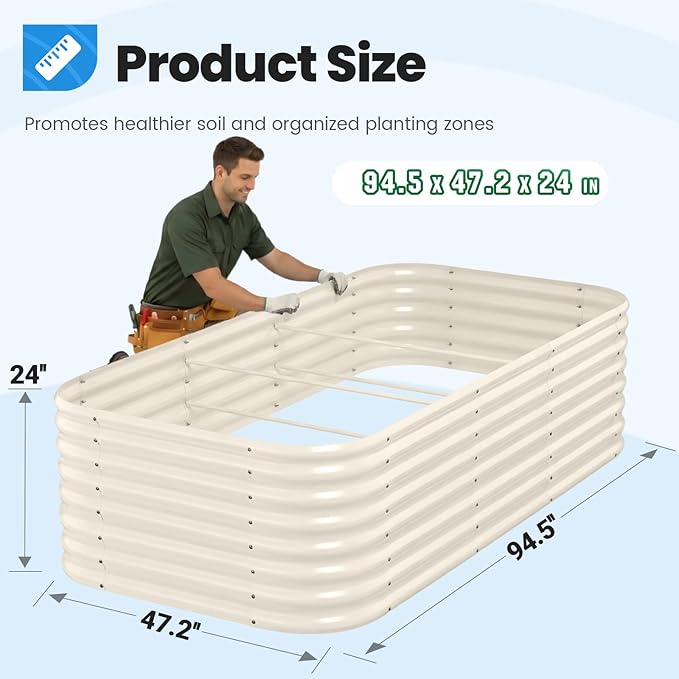 Quictent Galvanized Tall Raised Garden Bed Kit, 8x4x2 ft Oval Large Planting Box, for Vegetables Outdoor Strengthened by Crossbar (Beige)