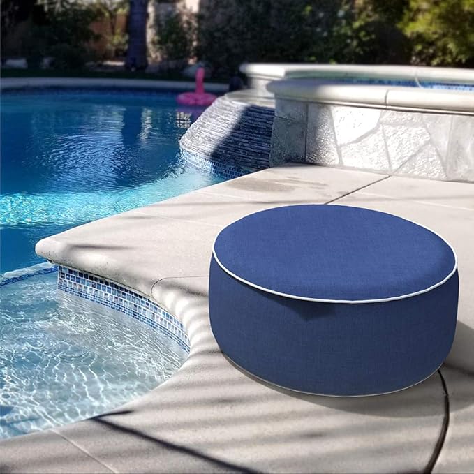 LVTXIII Outdoor/Indoor Inflatable Ottoman, All Weather Water-Repellent Round Footrest Stool with Handle, D21”x H9” Portable Pouf for Patio Garden Camping or Home-Navy Textured