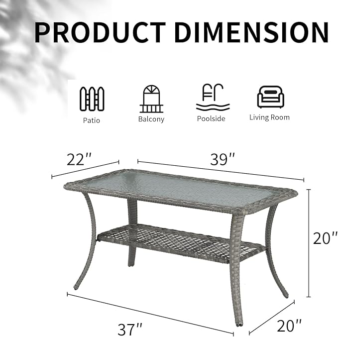 VINGLI Outdoor Coffee Table with Storage Wicker Patio Coffee Table, Tempered Glass Top Coffee Table for Patio Outside Balcony Porch Deck (Grey)