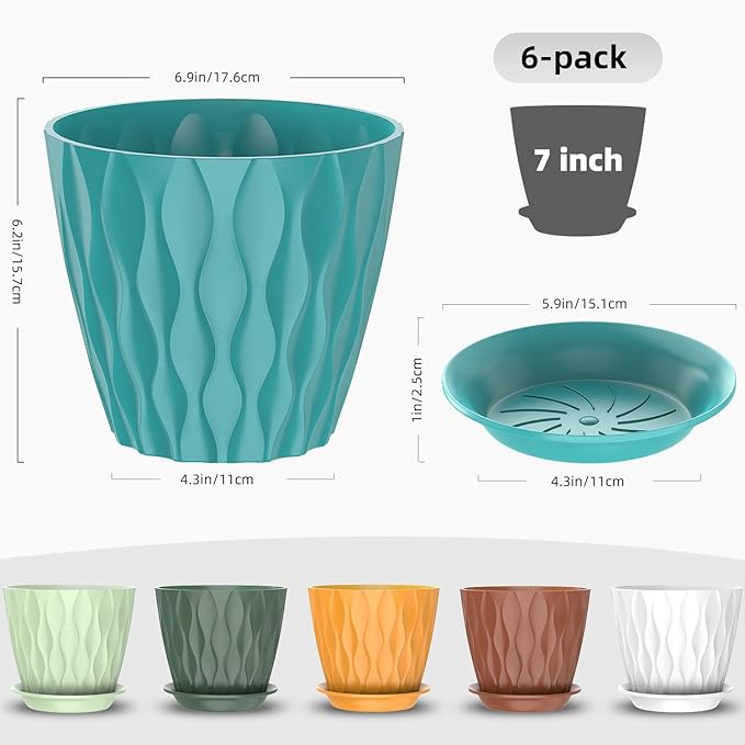 6 Pack 7 Inch Indoor Plant Pots with Drainage Holes, Outdoor Plastic Decorative Flower Pots, Garden Planters with Tray Saucers for Orchids, Violets, Succulents, Herbs, and Other Plants