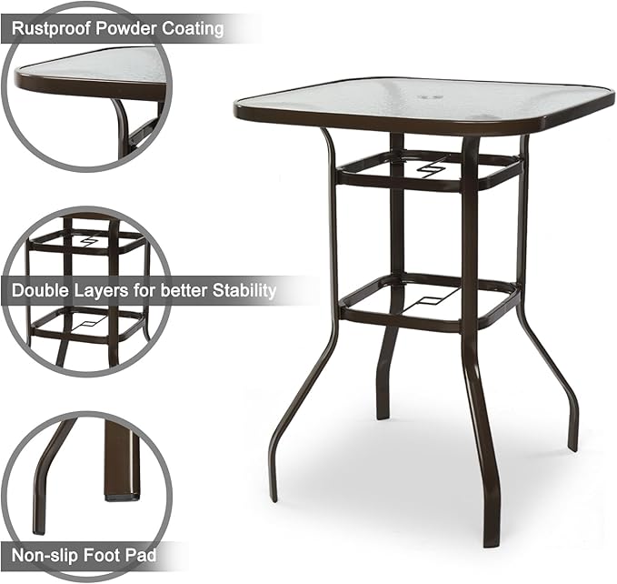 VINGLI Outdoor Bar Table with Umbrella Hole, Metal Patio Bar Height Pub Table for Patio High Top (Brown)