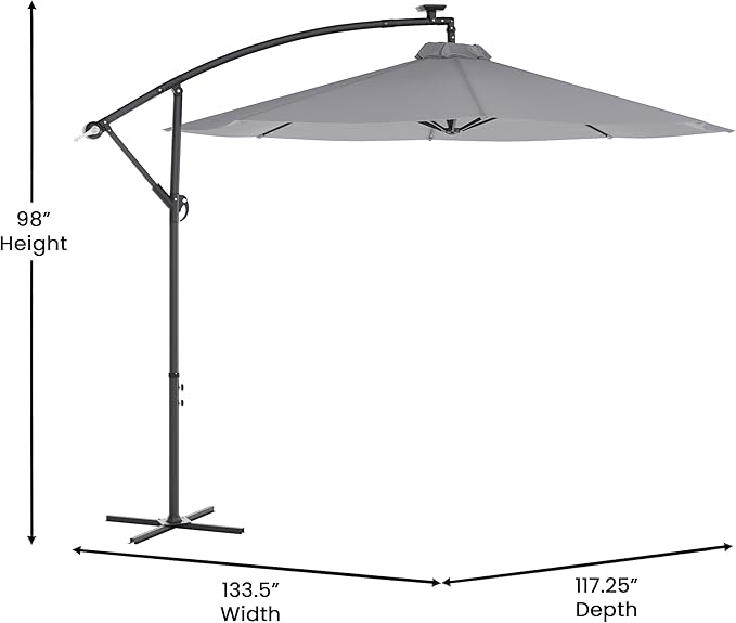 Flash Furniture Sedona Round Solar Cantilever Umbrella, Commercial Grade with Built in Cross Base, Crank and Tilt, 32 LED Lights, 6 Hour Run Time, 10 FT, Gray