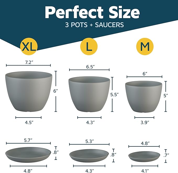 Gray Plant Pots with Drainage Holes & Saucers 3 Pack, Indoor & Outdoor Stackable Space-Saving Planters for Houseplants & Flowers, (7", 6.7", and 6" Inches), Durable & Weatherproof Materials