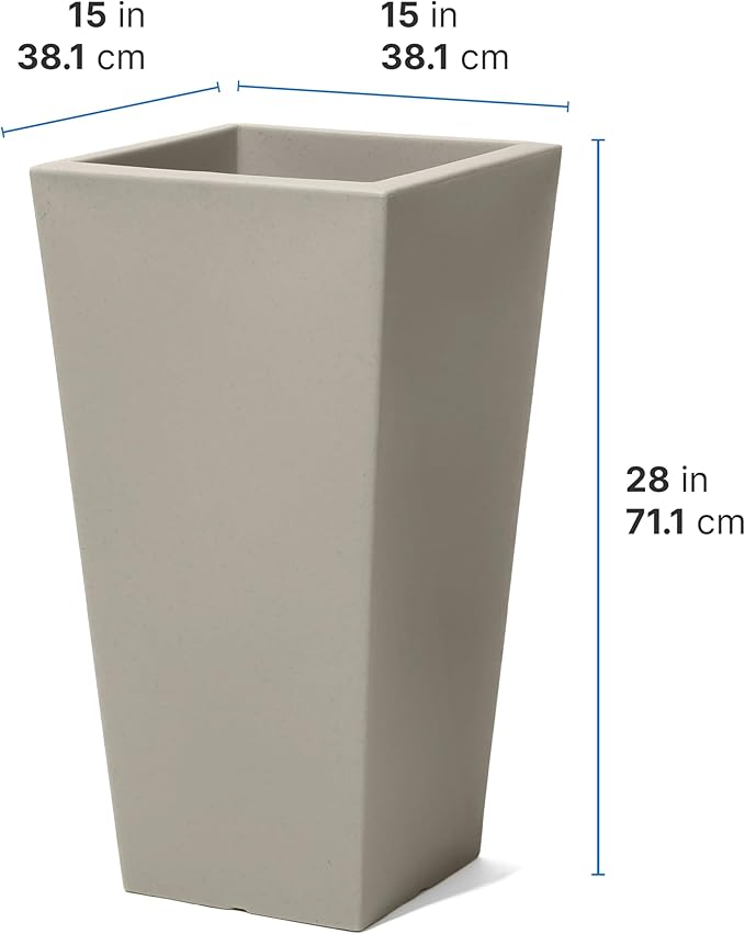 Step2 Tremont Tall Square Planter Pot, Large Outside All-Season All-Weather Gardening Pot for Patio and Front Porch, Concrete, 2-Pack