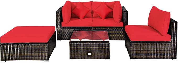 Tangkula 5 Pieces Patio Rattan Furniture Set, Outdoor Sectional Rattan Sofa Set with Back & Seat Cushions, Wicker Conversation Set with Tempered Glass Table for Backyard Porch Poolside (Red)